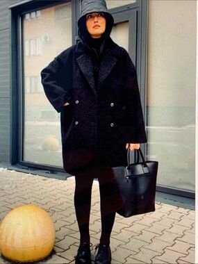 Anthropologie NVLT Black Double-Breasted Bouclé Pea Coat